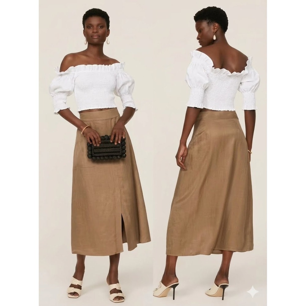 TOCCIN NY Optic White Smocked Ruffle Off‎ Shoulder Crop Top XS